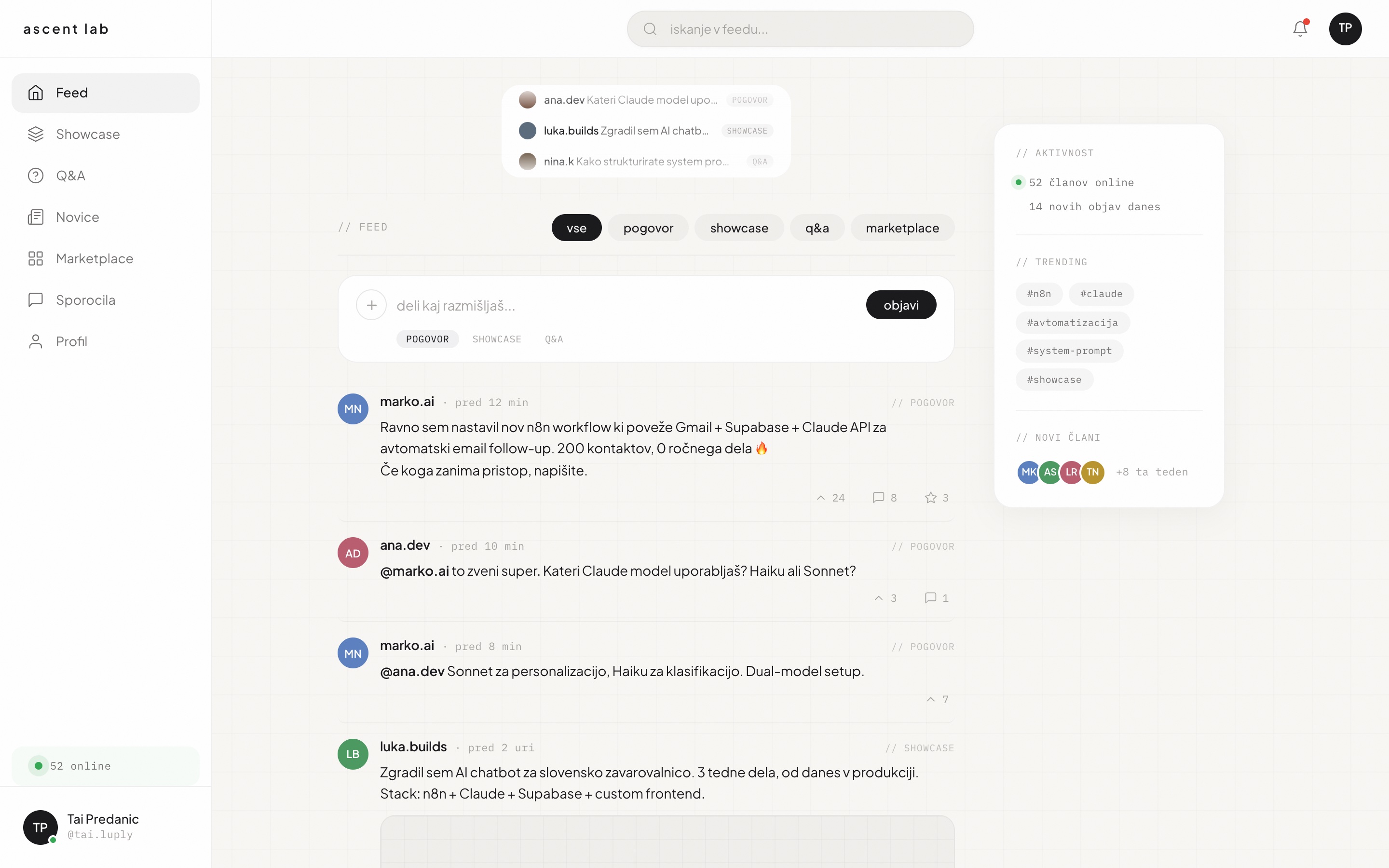 Ascent Lab, screen design of the community feed