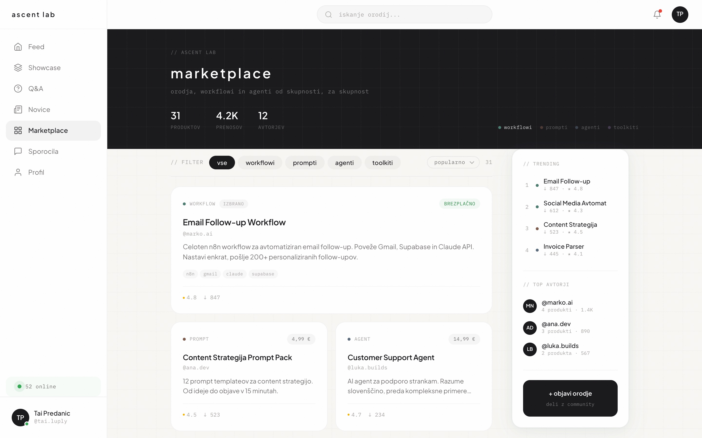 Ascent Lab marketplace design with workflows and agents