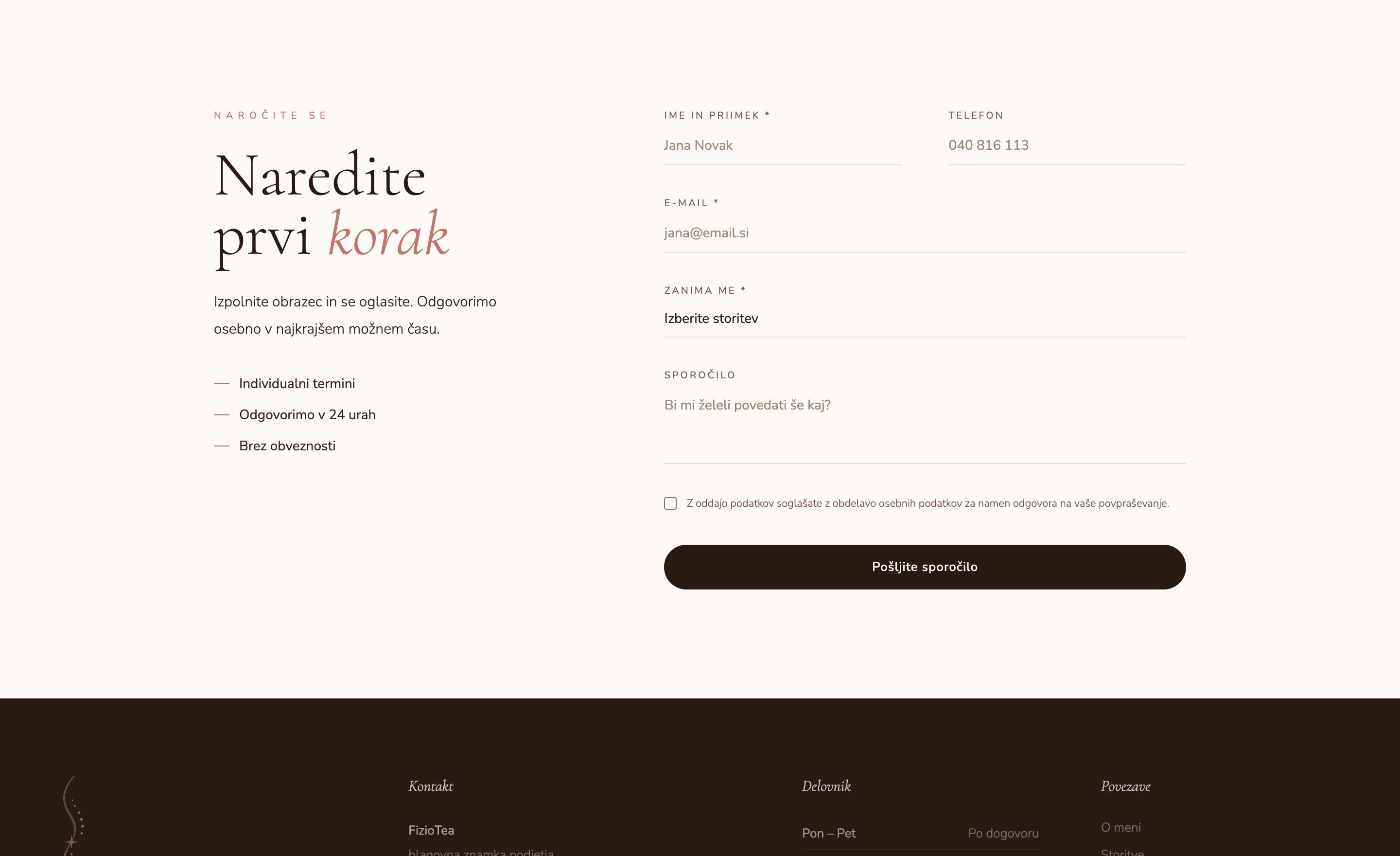 Booking form on the FizioTea website