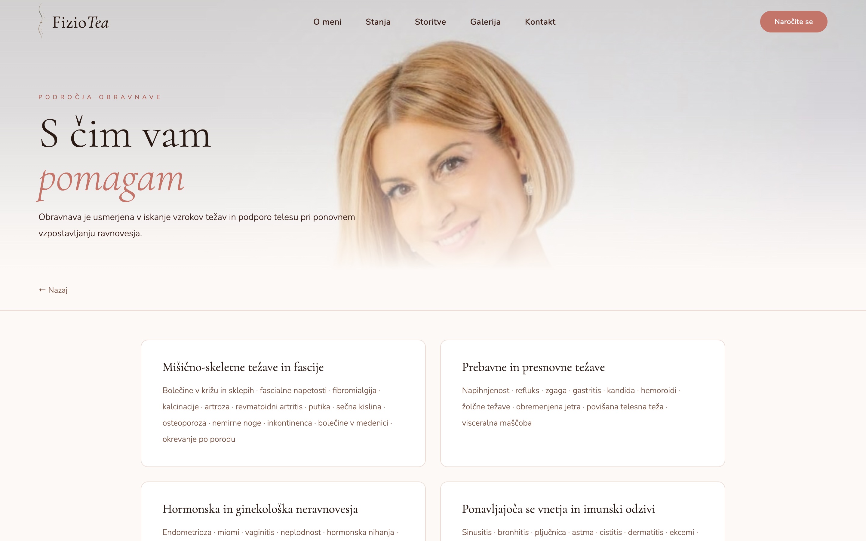 Conditions page, problems sorted into groups on the FizioTea website